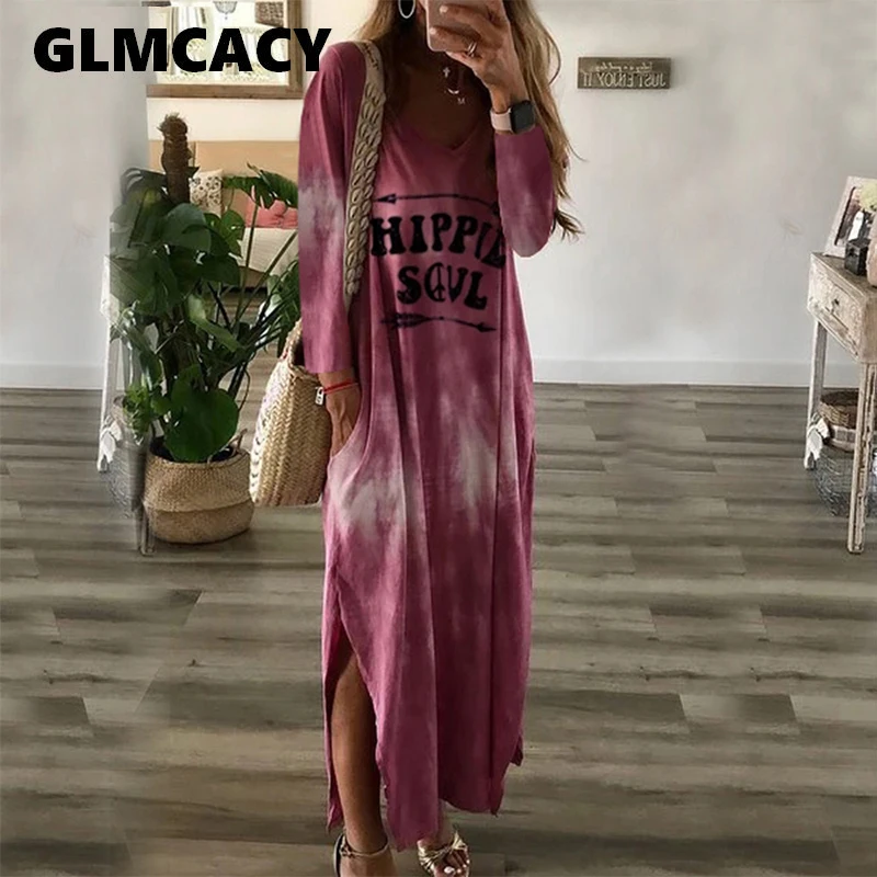 Women Casual Long Sleeve Letter Printed V Neck Side Slit Loose Dress Ankle-Length Streetwear Spring Fall Dress
Women Casual Long Sleeve Letter Printed V Neck Side Slit Loose Dress Ankle-Length Streetwear Spring Fall Dress