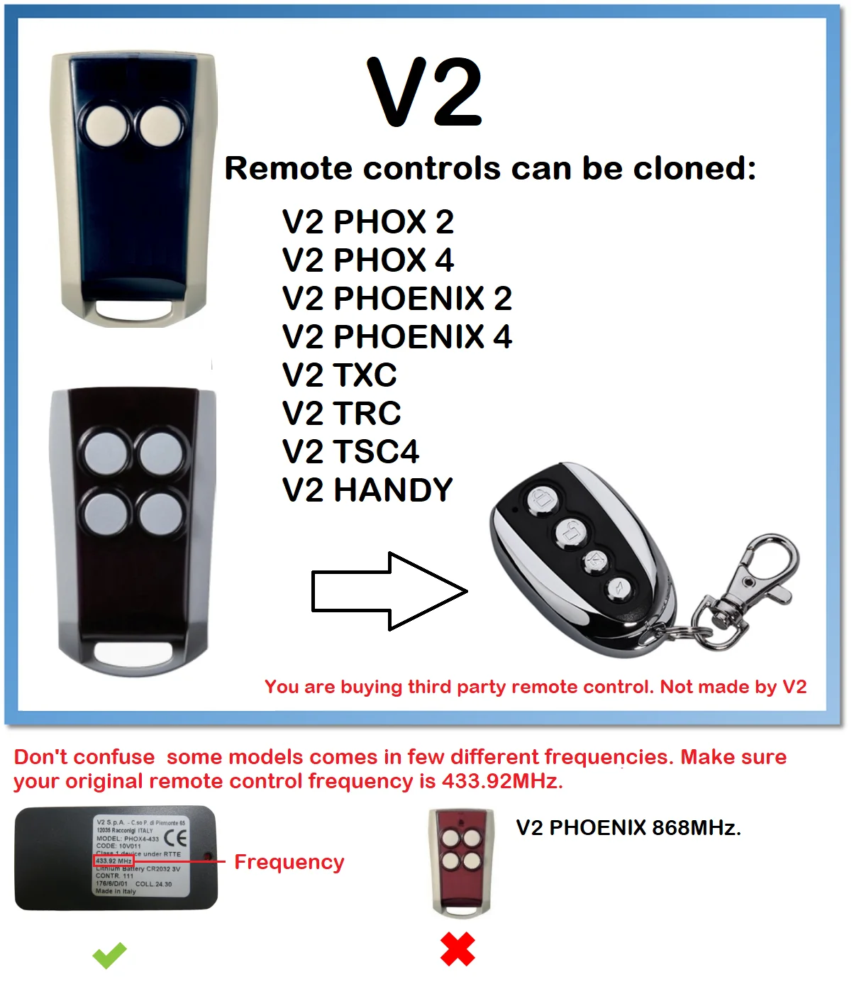 V2 PHOENIX 2, PHOENIX 2 Universal Remote Control Duplicator 433.92MHz rolling code
V2 PHOENIX 2, PHOENIX 2 Universal Remote Control Duplicator 433.92MHz rolling code