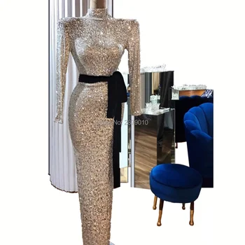 Junoesque High Neck Evening Dress Sheath Floor-Length Sequins Robe De Soiree Aibye Sash Prom Dress вечернее платье Middle East