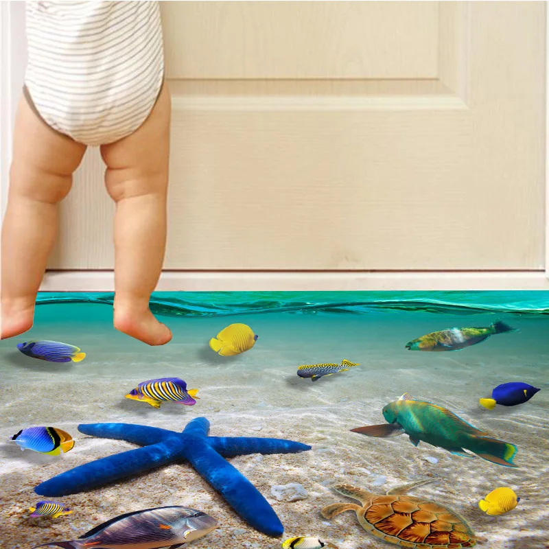 Naklejki ścienne 3D Ocean - głęboki niebieski morze, plaża, delfin, rozgwiazda, dekoracja do pokoju dziecięcego, wodoodporna, łazienka - Wianko - 15
