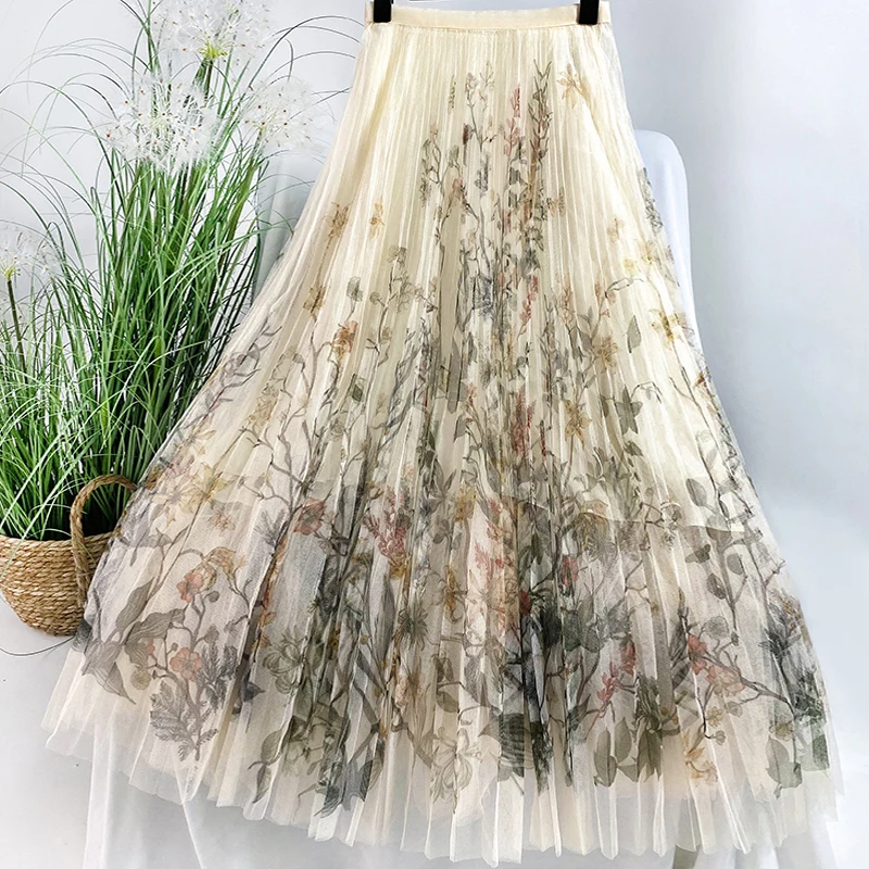 Floral Print Pleated Mesh Skirt Women Mid-Length French Style Elegant Summer Autumn Skirt Ladies Skirts Faldas
Floral Print Pleated Mesh Skirt Women Mid-Length French Style Elegant Summer Autumn Skirt Ladies Skirts Faldas