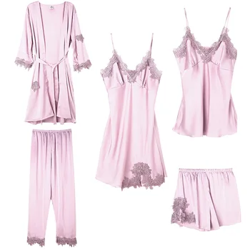 Feier 2020 Summer 5 Piece Pijama Sexy Lace Lingerie Female Pyjama Rob Set Nightwear Faux Silk Pajamas for Women Sleepwear Suit
Feier 2020 Summer 5 Piece Pijama Sexy Lace Lingerie Female Pyjama Rob Set Nightwear Faux Silk Pajamas for Women Sleepwear Suit