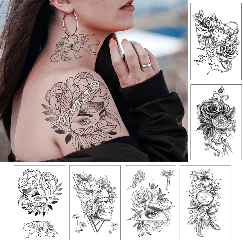 Фото Girl In The Flower With Rose Cornflower Waterproof Temporary Tattoo Sticker Black Tatto Body Art Big Arm Hand Women Fake Tatoo | Красота и
