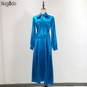 Nagodo Blue Maxi Dress Women 2020 Elegant Satin Silk vestidos Bow Collar Long Sleeve Slim Dresses Summer robe longue
Nagodo Blue Maxi Dress Women 2020 Elegant Satin Silk vestidos Bow Collar Long Sleeve Slim Dresses Summer robe longue
