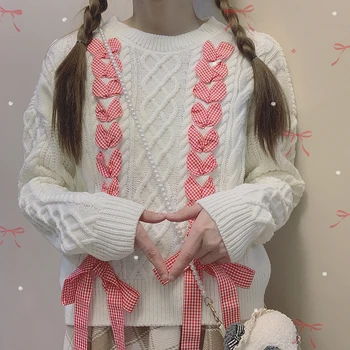 Women Cute Sweetheart Plaid Bowknot Bandage Sweater Teen Girls Student Autumn Loose Twist Knitted pullover Tops Preppy Style
Women Cute Sweetheart Plaid Bowknot Bandage Sweater Teen Girls Student Autumn Loose Twist Knitted pullover Tops Preppy Style