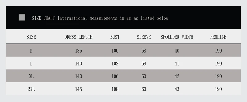 Muslim Arab Women Size Chart