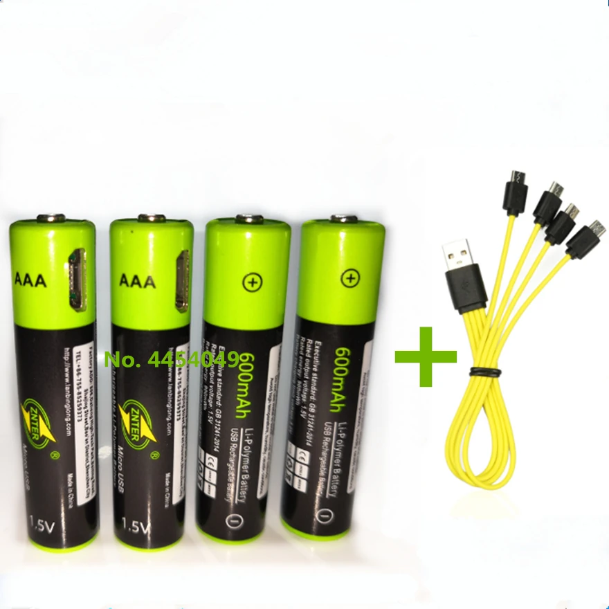 4PCS New ZNTER 1.5V 600mAh AAA Rechargeable Battery USB Rechargeable Lithium Polymer Battery with Micro USB Cable Fast Charge
4PCS New ZNTER 1.5V 600mAh AAA Rechargeable Battery USB Rechargeable Lithium Polymer Battery with Micro USB Cable Fast Charge