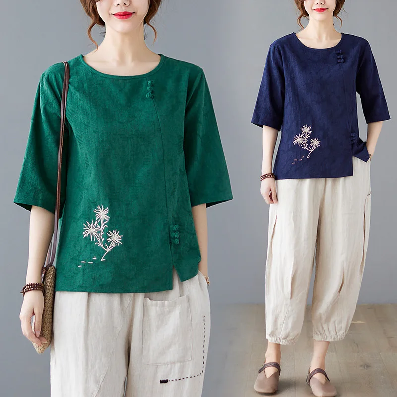 National Style T Shirt 2021 Summer New Cotton Hemp Coil Button Embroidery Half Sleeve Tee Large Casual O Neck Embroidery Tops
National Style T Shirt 2021 Summer New Cotton Hemp Coil Button Embroidery Half Sleeve Tee Large Casual O Neck Embroidery Tops