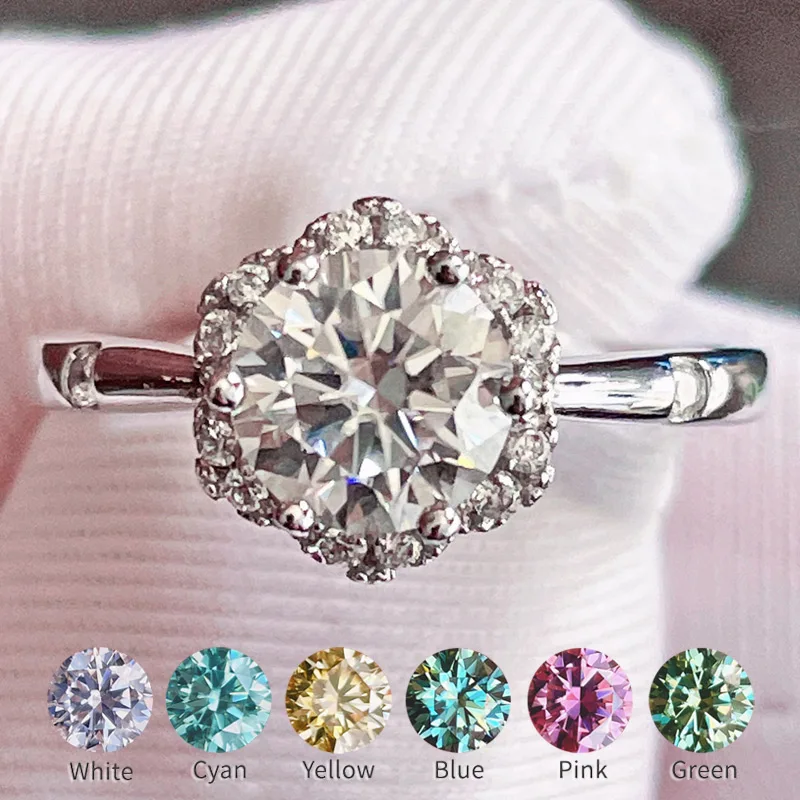 

Flower Design Real Moissanite Ring 1CT Color D VVS Blue Pink Red Yellow Green Diamond Ring 14K White Gold Plated Sterling Silver