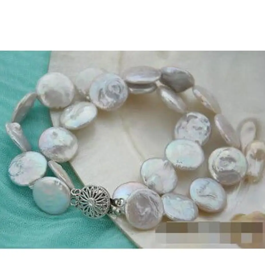 Новый популярный браслет из белого пресноводного жемчуга с монеткой, 2 нити, 8 дюймов, 15 мм