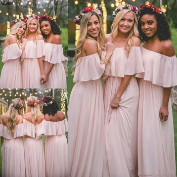 

Blush Country Bridesmaid Dresses 2020 Modest Off the shoulder Chiffon Beach Bohemian Junior Maid of Honor Wedding Guest Gowns