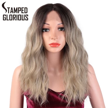 

Stamped Glorious Hand Tied Lace Front Wig Ombre Brown/Blonde Wavy Synthetic Wigs Middle Parting Daily Use Wig Heat Resistant