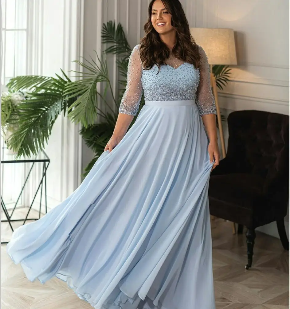 

Sky Blue Plus Size Mother Of The Bride Dresses Jewel Neck 3/4 Long Sleeves Wedding Guest Dress Custom Made Chiffon Evening Gowns