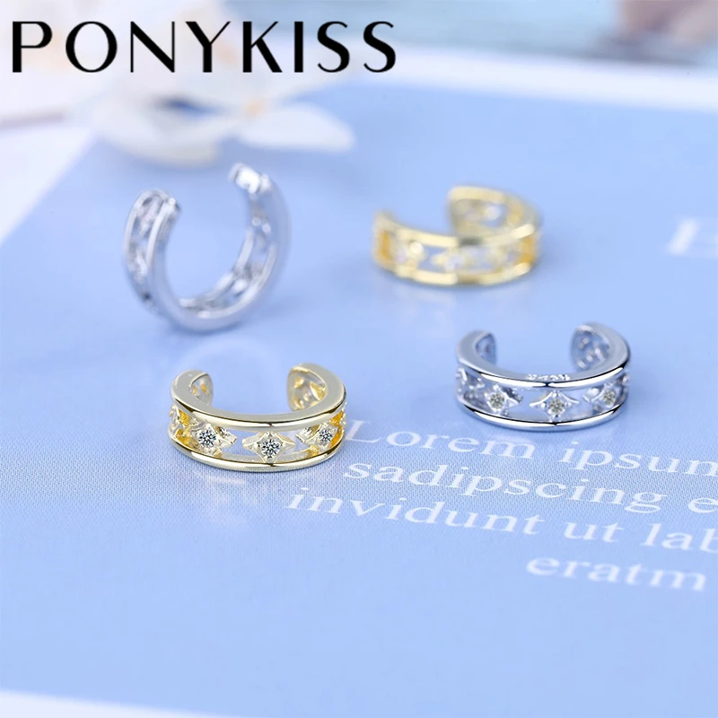 

PONYKISS Trendy S925 Sterling Silver Round Hollow Zircon 14K Gold Clip Earrings for Women No Pierced Ears Jewelry Drop Shipping