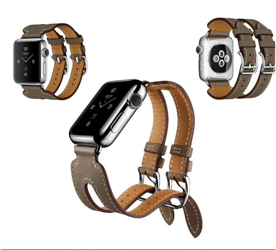 Браслет манжета из натуральной кожи с двойной пряжкой для Apple Watch 42/38 40 мм 44