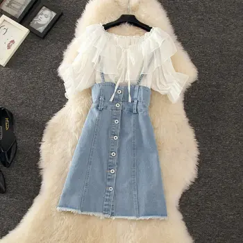 Fashion Chiffon Blouses + Denim Suspender Skirt Summer 2 Pieces Sets Women Casual Sweet Short Sleeve Tops And A Line Mini Skirts
Fashion Chiffon Blouses + Denim Suspender Skirt Summer 2 Pieces Sets Women Casual Sweet Short Sleeve Tops And A Line Mini Skirts