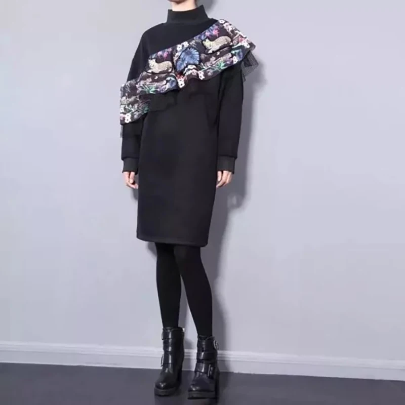 CHICEVER Patchwork Ruffle Autumn Dress For Women Stand Collar High Waist Lantern Sleeve Mini Dresses Female 2019 Fashion New (4).jpg