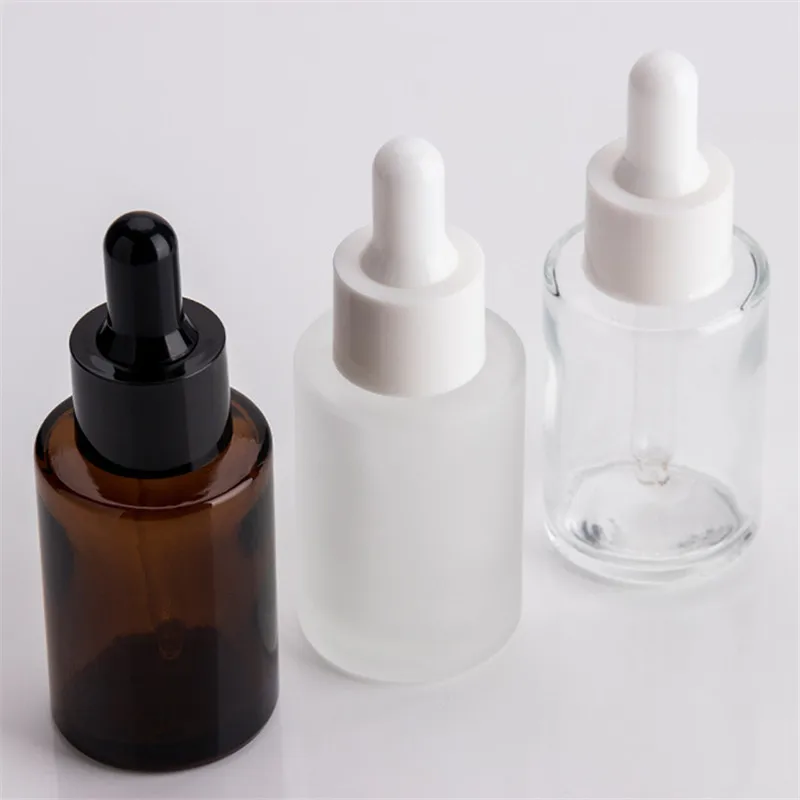 

100pcs 30ml flat shoulder frosted clear glass dropper bottle with white lid 1oz amber clear glass serum bottle gold cap