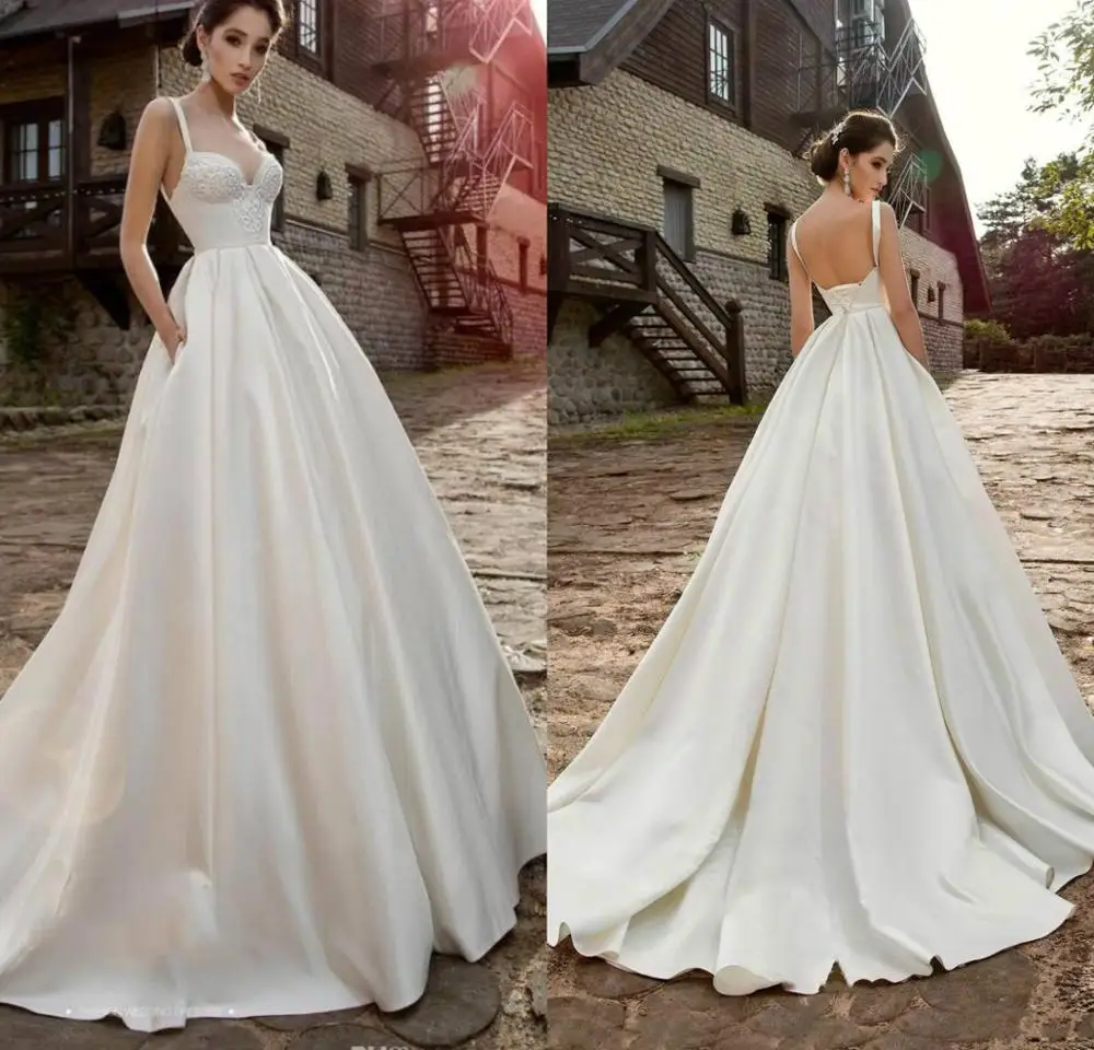 

2019 A Line Satin Beach Wedding Dresses Spaghetti Sweep Train Appliques Simple Country Wedding Gowns Custom Made Bridal Dress