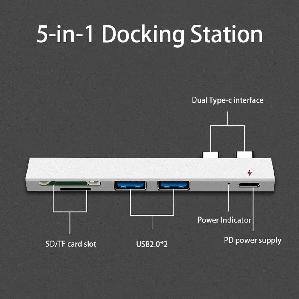 5 in 1 USB-C Adapter with 2 USB 3.0 Ports SD Memory Reader Type-C USB 3.0 Hub For New Macbook Pro Air 2018 USB-C HUB
5 in 1 USB-C Adapter with 2 USB 3.0 Ports SD Memory Reader Type-C USB 3.0 Hub For New Macbook Pro Air 2018 USB-C HUB
