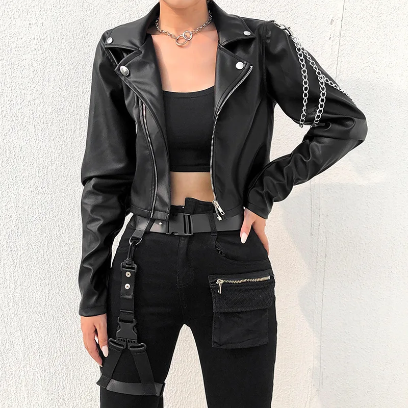 JIEZuoFang Punk Gothic Black Faux Leather Bomber Jacket Women Zipper Chain Patchwork Cropped Coat Streetwear Biker Jackets | Женская
