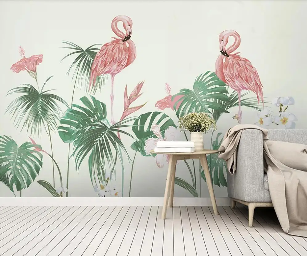 

Custom mural wallpaper 3D Nordic hand-painted floral tropical rainforest plant flamingo background wall decorative painting