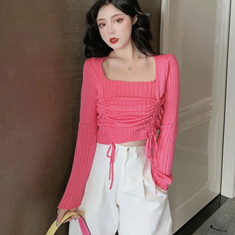 Jlong Women Long Sleeve T-shirt Women Casual Knitted Tops Korean Fashion Drawstring Square Collar T-shirts
Jlong Women Long Sleeve T-shirt Women Casual Knitted Tops Korean Fashion Drawstring Square Collar T-shirts