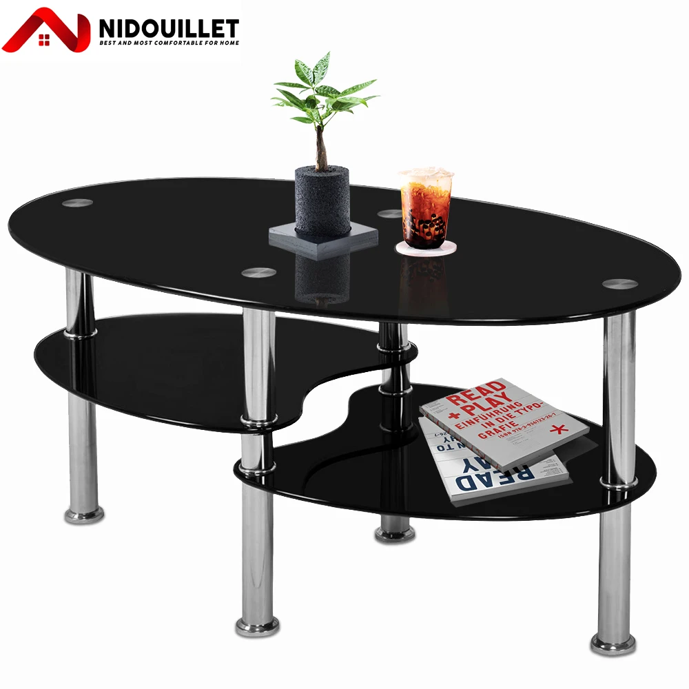 Nidouillet 3 Tier Tempered Glass Table Black Oval-Shaped Living Room Coffee Table with Glass Shelves Stainless Steel Legs AB026
Nidouillet 3 Tier Tempered Glass Table Black Oval-Shaped Living Room Coffee Table with Glass Shelves Stainless Steel Legs AB026