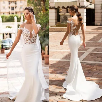 Sheer Illusion Short Sleeves Lace Appliques Mermaid Slim Wedding Dresses Custom Buttons Back Formal Long Bridal Gowns Spring 
Sheer Illusion Short Sleeves Lace Appliques Mermaid Slim Wedding Dresses Custom Buttons Back Formal Long Bridal Gowns Spring