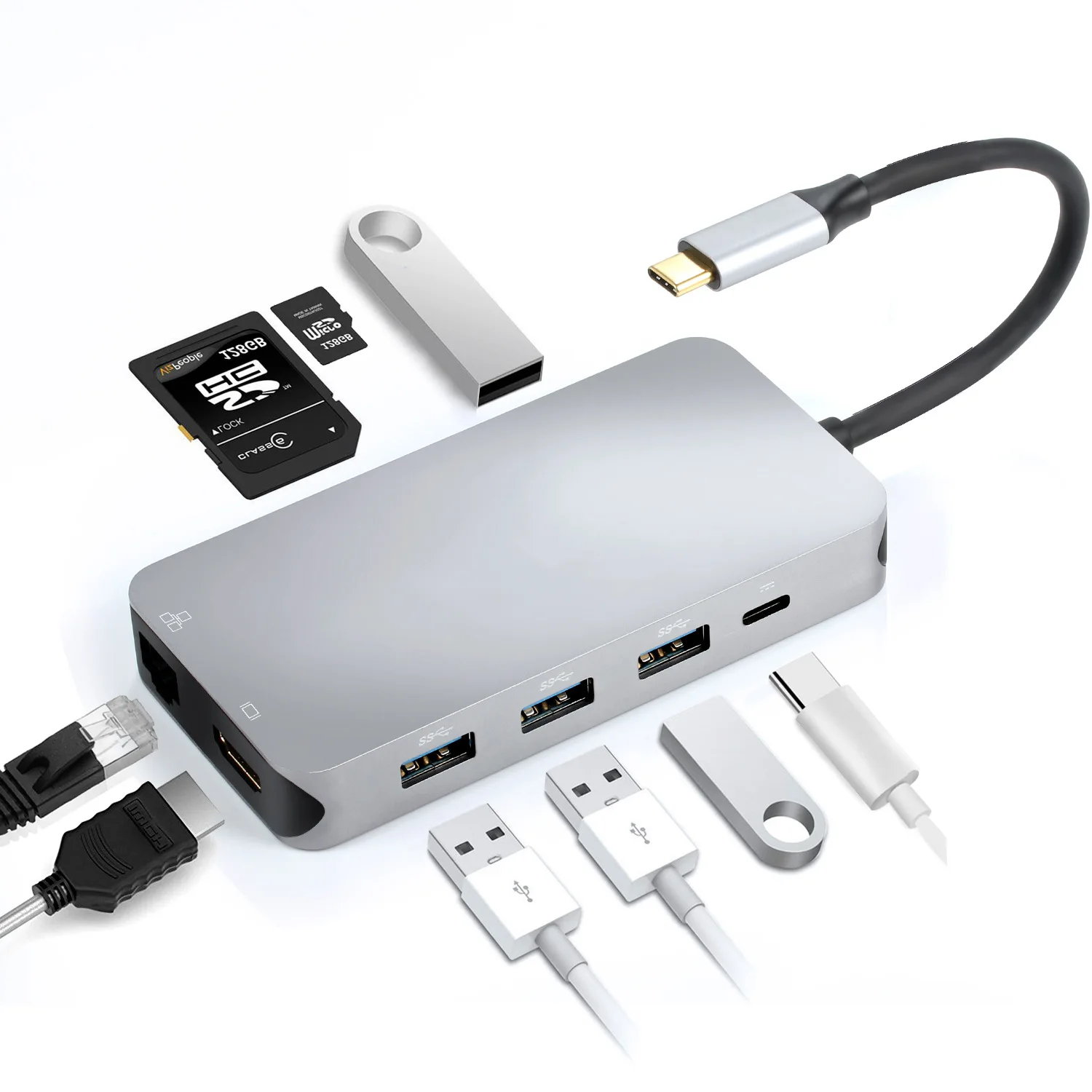 Type-C Docking Station Nine-in-One Adaptor Type C to HDMI + RJ45 + USBX4 + PD Docking Station
Type-C Docking Station Nine-in-One Adaptor Type C to HDMI + RJ45 + USBX4 + PD Docking Station