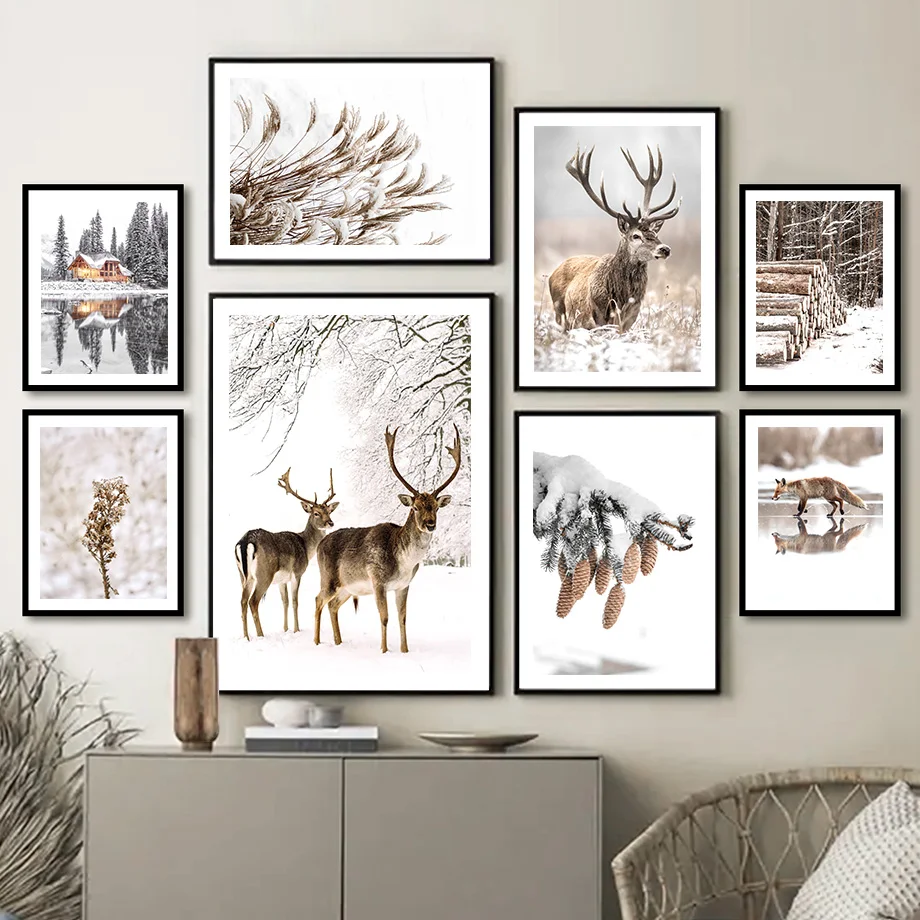 Winter Snow Deer Forest Reed Wood Wall Art Canvas Painting Nordic Posters And Prints Pictures For Living Room Decor | Дом и сад