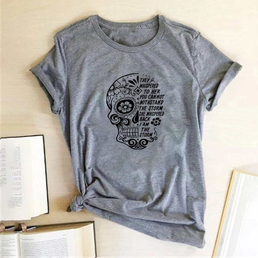 FREE SHIPPING They Whispered To Her Skull Flowers Printing T-shirts JKP47