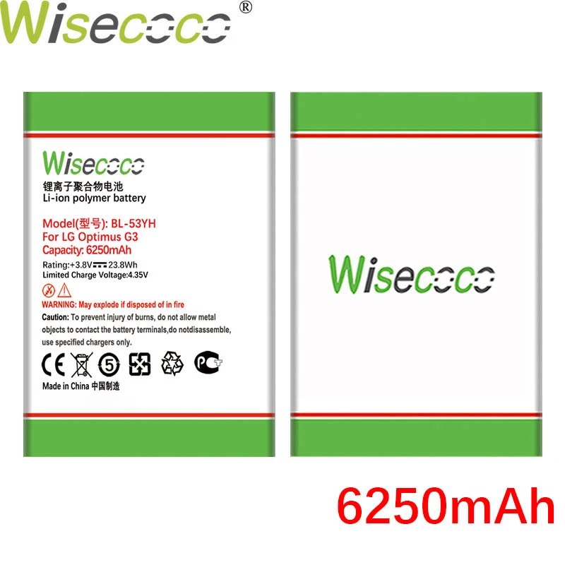 Wisecoco BL 53YH 6250 мАч Новый батарея для LG Optimus G3 D830 D850 D851 D855 LS990 VS985 F400 высокого