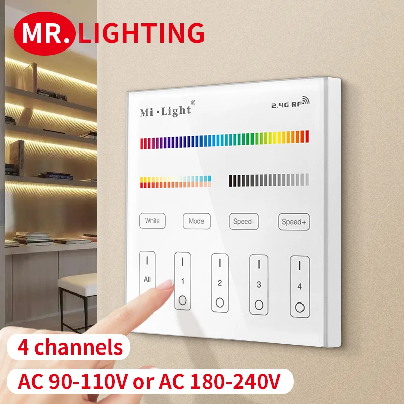 T4 Miboxer (Milight) 4-zone RGB + CCT AC110V or AC220V smart touch panel remote control for led light strips light bulbs
T4 Miboxer (Milight) 4-zone RGB + CCT AC110V or AC220V smart touch panel remote control for led light strips light bulbs