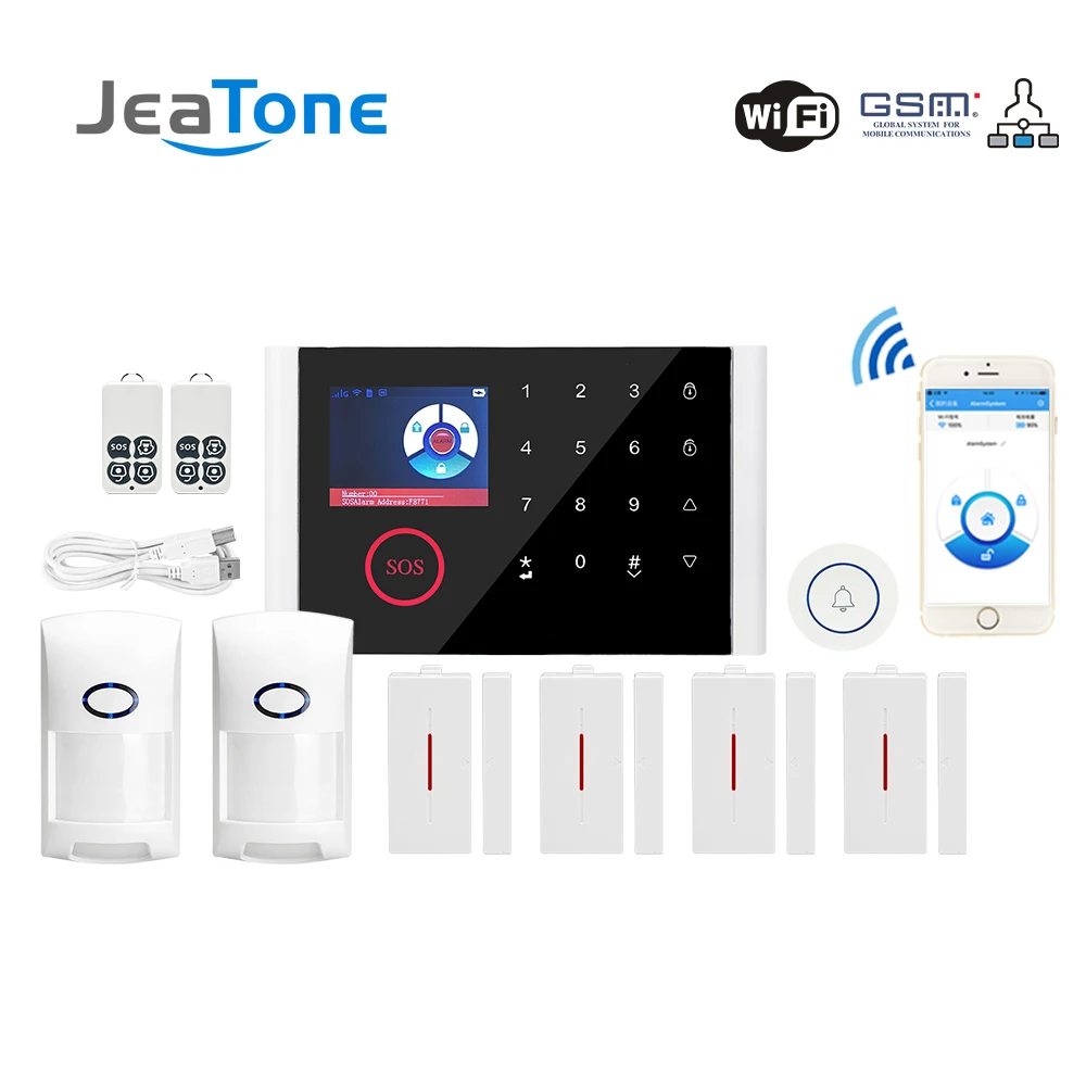 Jeatone Wifi GSM Alarm System Home Security Burglar Alarm DIY Kits LCD Display Touch Screen Keyboard APP Control Nine Language
Jeatone Wifi GSM Alarm System Home Security Burglar Alarm DIY Kits LCD Display Touch Screen Keyboard APP Control Nine Language