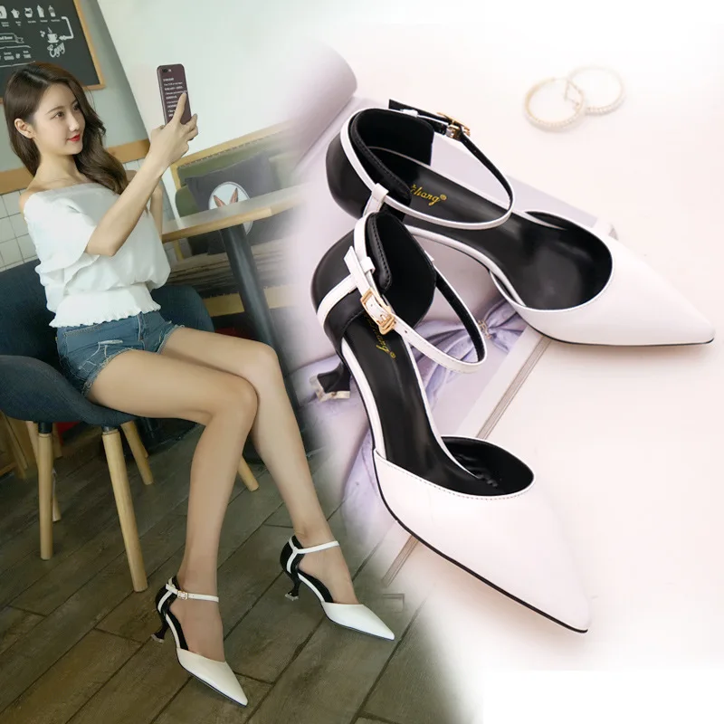 Hallow Heel Shoes 2018 New Style Pointed-Toe Semi-high Heeled Thin Heeled Korean-style Versatile Hollow out Women Heel Shoes Wom