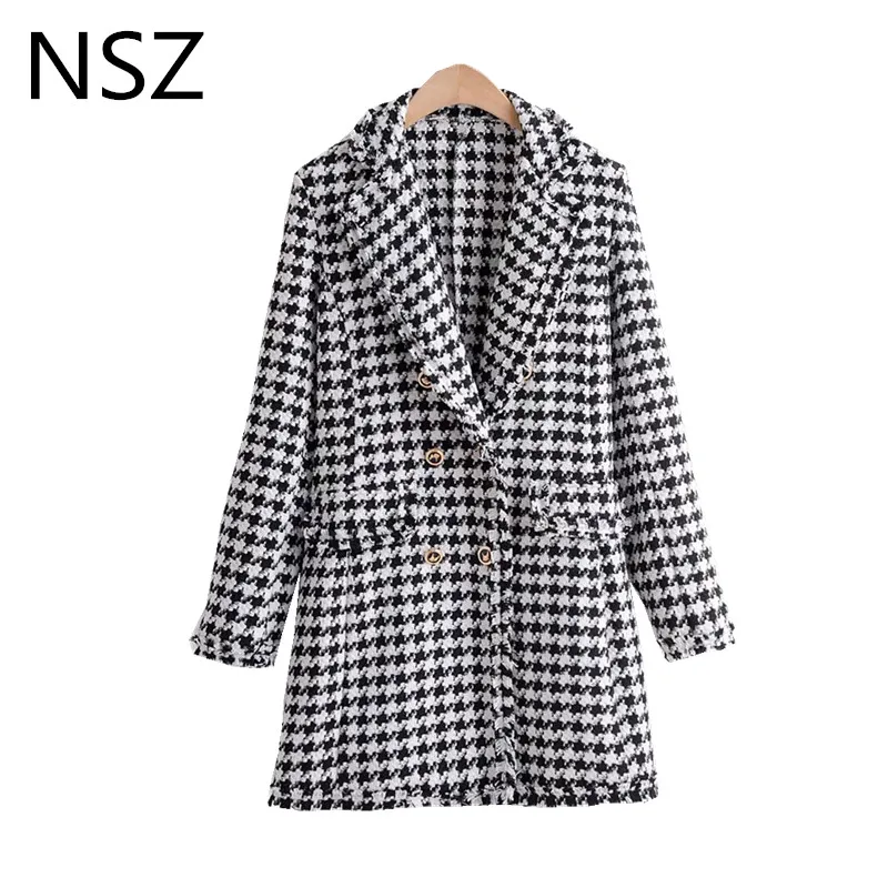 

NSZ Women Black White Houndstooth Tweed Coat Plaid Coats Long Winter Jacket Long Sleeve Checked Wool Blend Chic Outerwear Overcoat