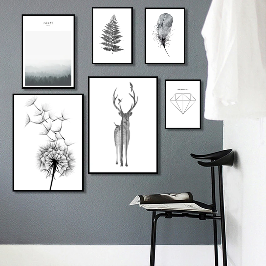 

Scandinavian Poster Black White Deer Dandelion Nordic Style Wall Art Canvas Print Painting Decoration Picture Living Room Decor