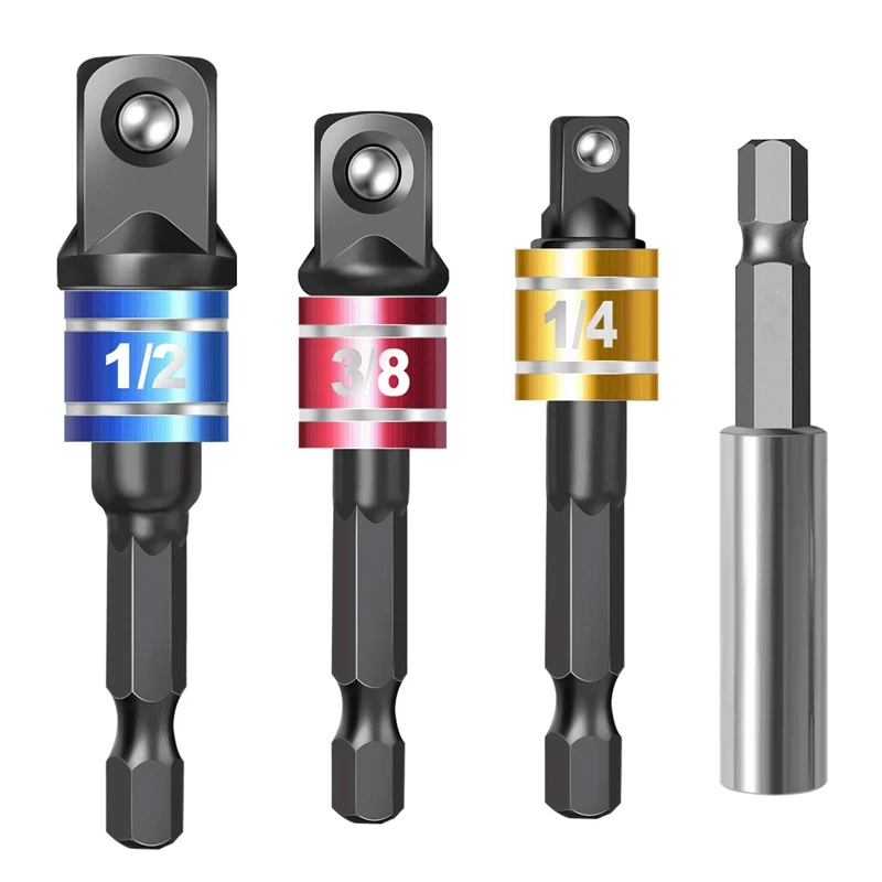 4 Pieces Impact Driver Socket Adapter Set with Magnetic Extension Bit Holder for 1/4 Inch Hex Shank to Square Socket Turn Power
4 Pieces Impact Driver Socket Adapter Set with Magnetic Extension Bit Holder for 1/4 Inch Hex Shank to Square Socket Turn Power