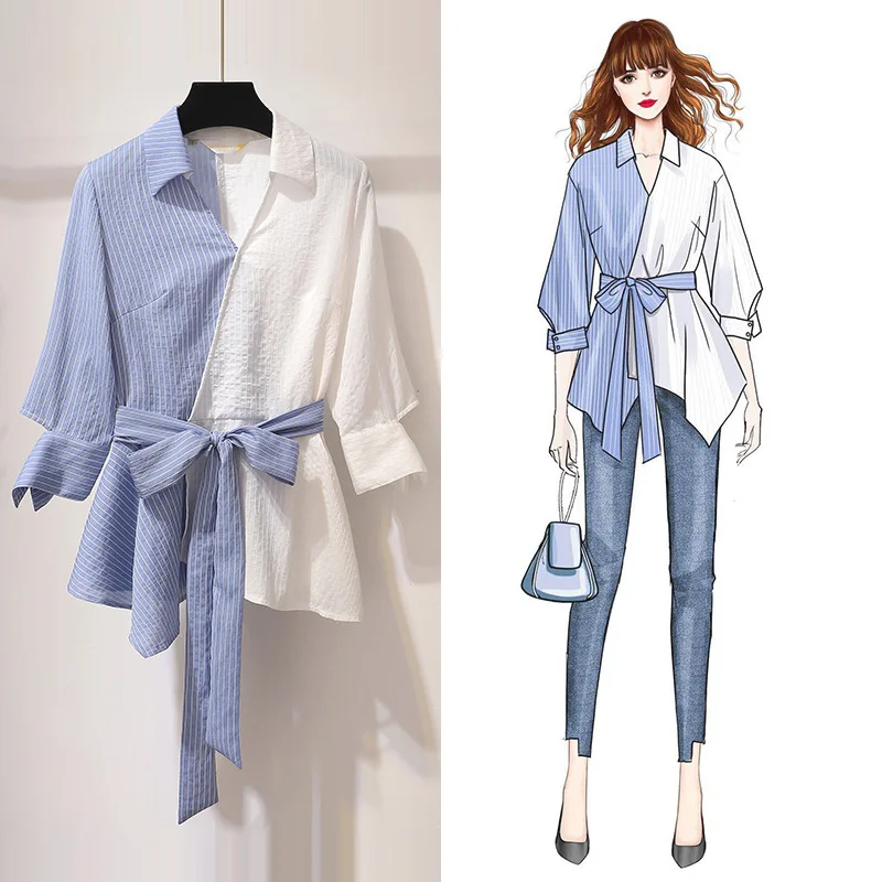 Shirt Women's 2019 Spring Clothing New Style Korean-style Very Fairy Scheming Tops Sense of Design Joint Contrast Color Striped
Shirt Women's 2019 Spring Clothing New Style Korean-style Very Fairy Scheming Tops Sense of Design Joint Contrast Color Striped