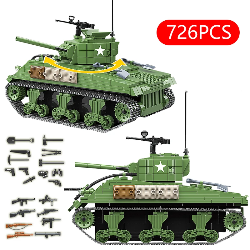 726PCS Military US Sherman M4A1 Tank Building Blocks Legoing WW2 Tank Technic City Police Soldier Weapon Bricks Kids Toys Gift
726PCS Military US Sherman M4A1 Tank Building Blocks Legoing WW2 Tank Technic City Police Soldier Weapon Bricks Kids Toys Gift