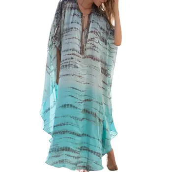 

Womens Sexy Plunging V-Neck Kaftans Swimsuit Cover Up Tie-Dye Gradient Color Kimono Beach Dress Lace Up Side Split Maxi Robe