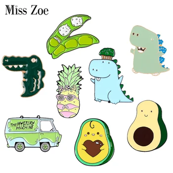 

Green Spring Enamel Pin Custom Cartoon Avocado Pea Pineapple Dinosaur Bus Brooches Bag Lapel Pin Fun Badge Jewelry Gift Kids