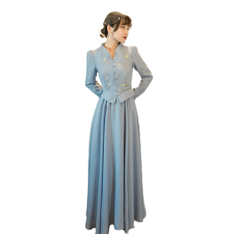 Vintage Long Women Dress Elegant 2020 Spring Blue Woolen Full Sleeve Evening Party Embroidery Female Vestidos Midi Wool Dresses
Vintage Long Women Dress Elegant 2020 Spring Blue Woolen Full Sleeve Evening Party Embroidery Female Vestidos Midi Wool Dresses