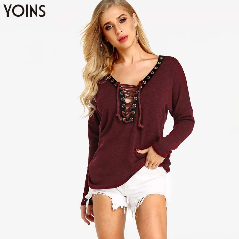 

YOINS 2019 Spring Autumn Women Winter Blouses And Shirts Deep V-neck Lace-up Crossed Front Long Sleeves Blouse Casual Elegant
