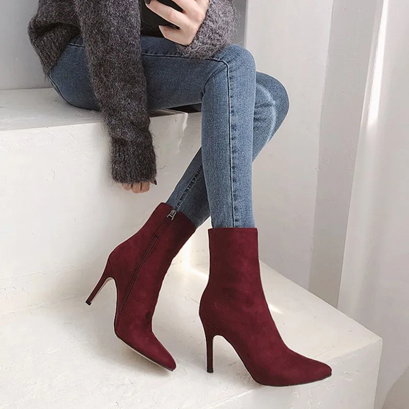 Fine-heeled pointed autumn-winter Single-boot sanded with velveted high-heeled short boots red boots women boots
Fine-heeled pointed autumn-winter Single-boot sanded with velveted high-heeled short boots red boots women boots