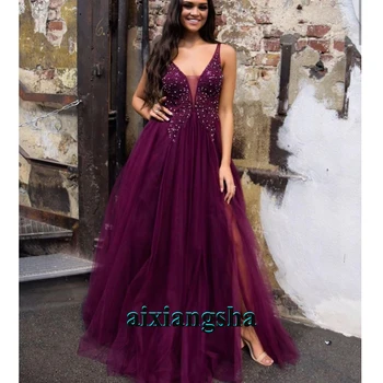 Grape Purple Tulle V Neck Evening Dresses Appliques Beads Prom Celebrity Robe De Soiree Wedding Engage Party Custom Made
Grape Purple Tulle V Neck Evening Dresses Appliques Beads Prom Celebrity Robe De Soiree Wedding Engage Party Custom Made