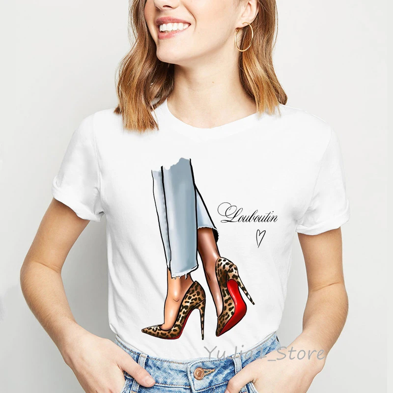 Sexy Leopard high heel shoes print t shirt women hipster streetwear graphic woman tshirt top female t-shirts Custom Tees | Женская