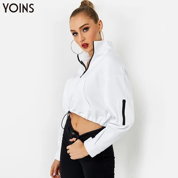 

YOINS 2020 Spring Autumn Hoodies & Sweatshirts For Girls White Zipper Front Pouch Pocket Drawstring Hem Cropped Hoodie Casual