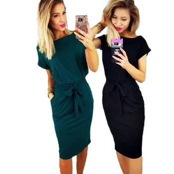 Women Dress Casual Bodycon Solid Bow Belt Tunic Midi Dresses Fashion Summer Package Hip Slim Elegant Dress Plus Size 3XL Vestido 
Women Dress Casual Bodycon Solid Bow Belt Tunic Midi Dresses Fashion Summer Package Hip Slim Elegant Dress Plus Size 3XL Vestido